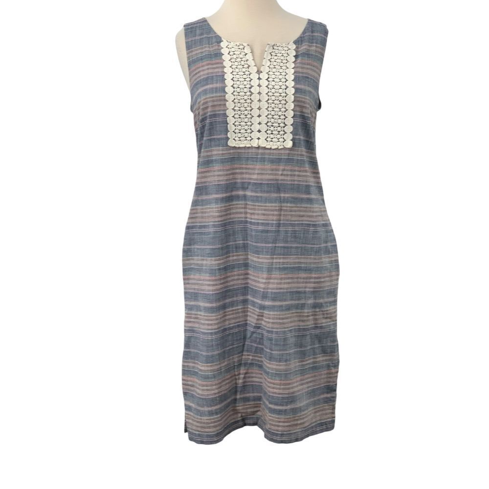 Talbots Women's Sleeveless Striped Midi Lined Shift Dress Crochet Lace Size 10